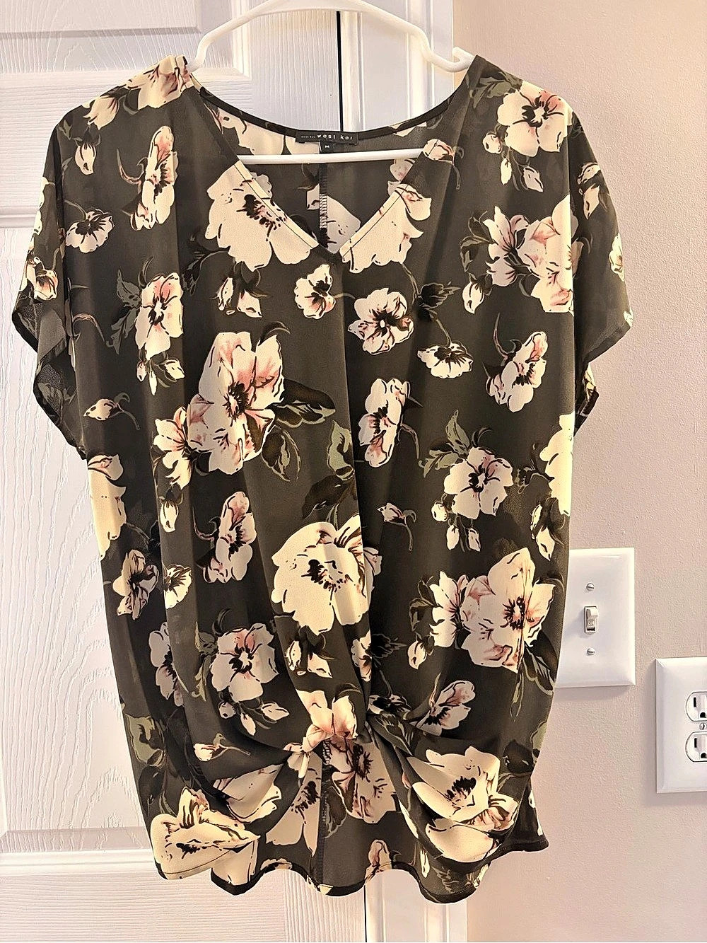 West Kei Green Floral V-Neck Front-Knot Blouse
